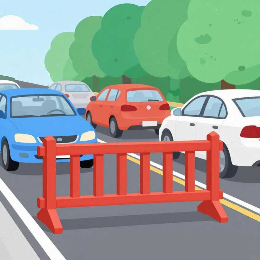 A row of cars stopped at a red construction barricade on a road.