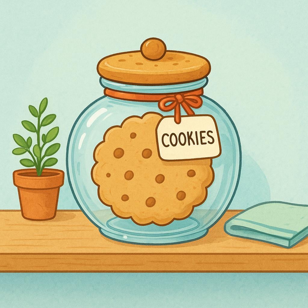 A transparent glass jar shaped like a large smiling cookie, clearly intended for holding baked goods, sitting on a wooden kitchen counter.