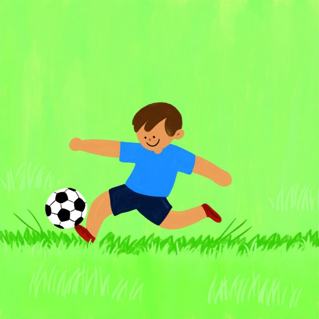 A solitary person wearing sports gear actively kicking a soccer ball across a bright green grassy field.