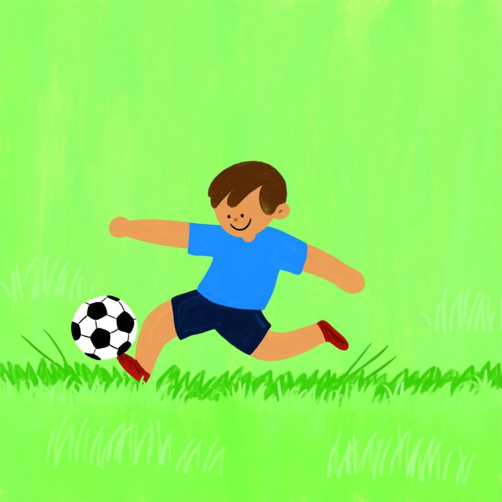 A solitary person wearing sports gear actively kicking a soccer ball across a bright green grassy field.