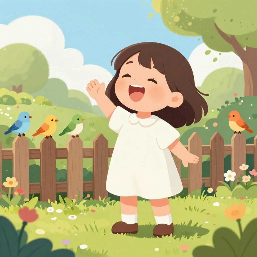 A joyful girl in a garden with her eyes closed and mouth open, surrounded by small birds as if she is in the middle of a song.