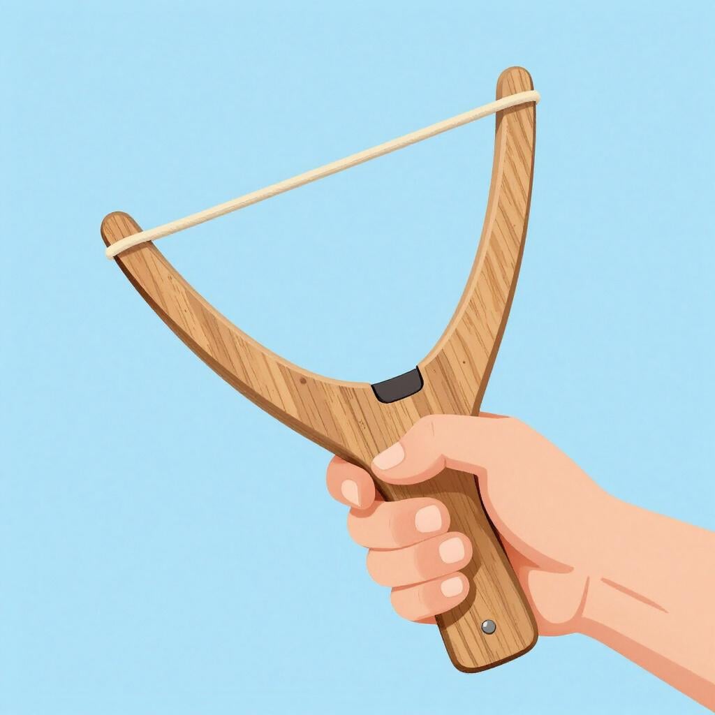 A person's hand holding a simple wooden slingshot, pulling the elastic band back with a small pebble ready to be released.