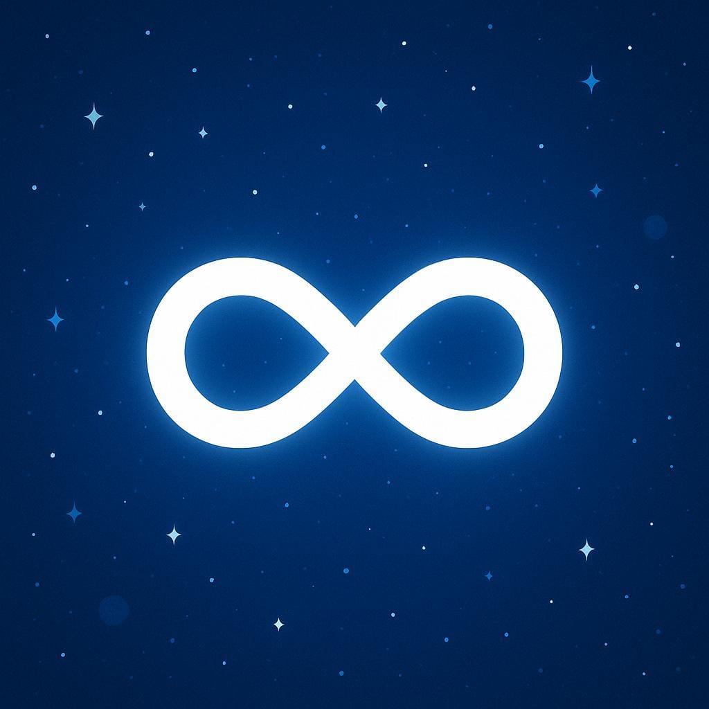 A bright, looping figure-eight symbol (lemniscate) floating against a deep blue, starry background, representing infinite time.