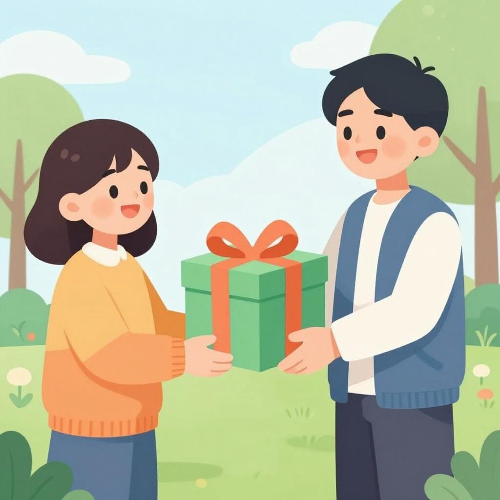 A friendly person smiling while handing a large, colorful gift box to a grateful friend.