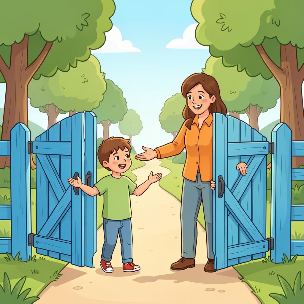 A friendly person opening a colorful wooden gate to a playground, gesturing for a child to enter.