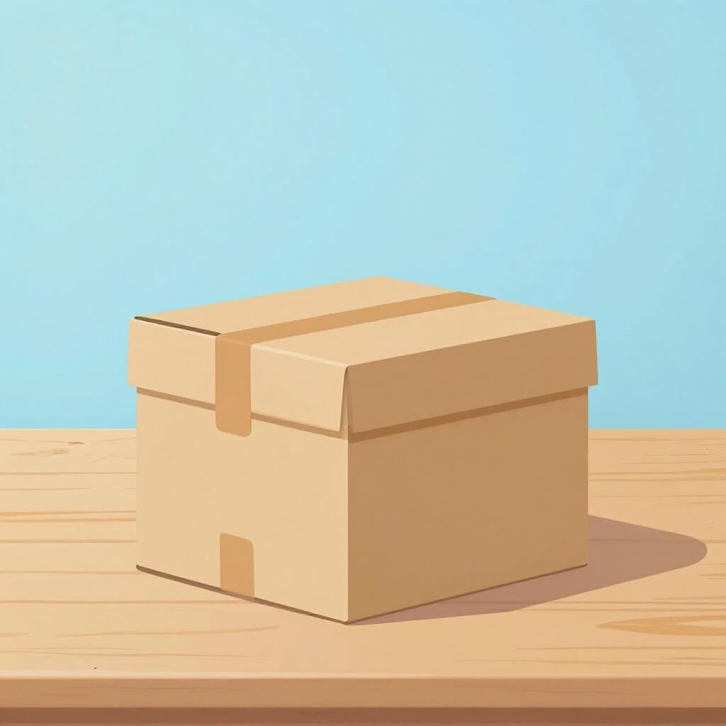 A simple brown cardboard box sitting on a plain wooden table.