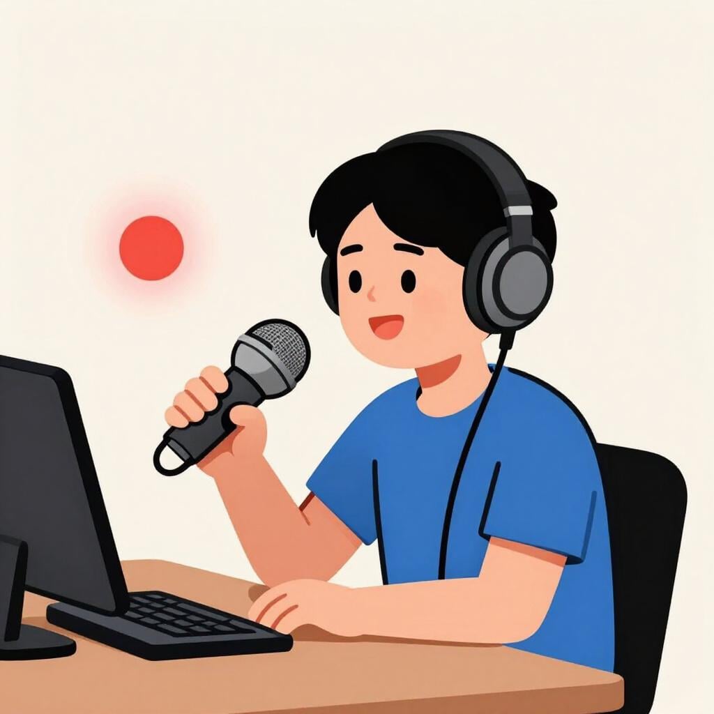 A friendly person speaking into a professional microphone in a studio setting.