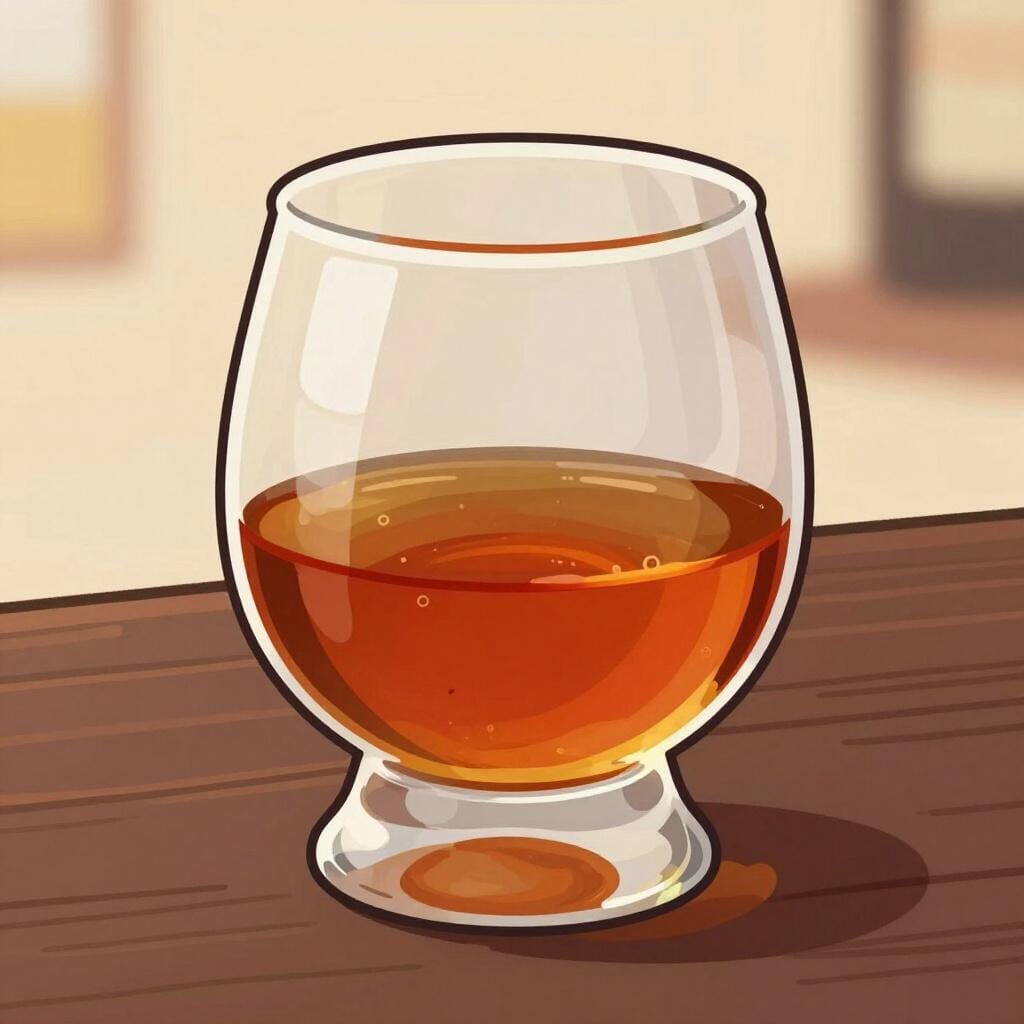 A single snifter glass filled with amber-colored cognac resting on a polished wooden surface.