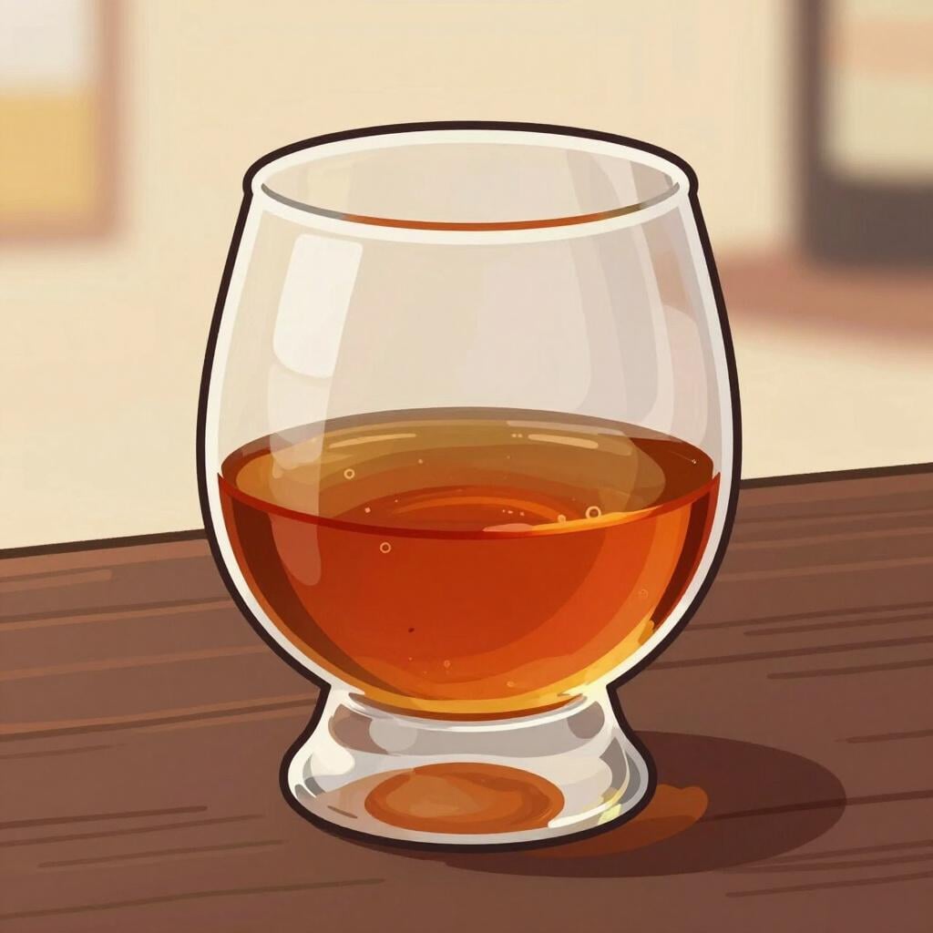 A single snifter glass filled with amber-colored cognac resting on a polished wooden surface.