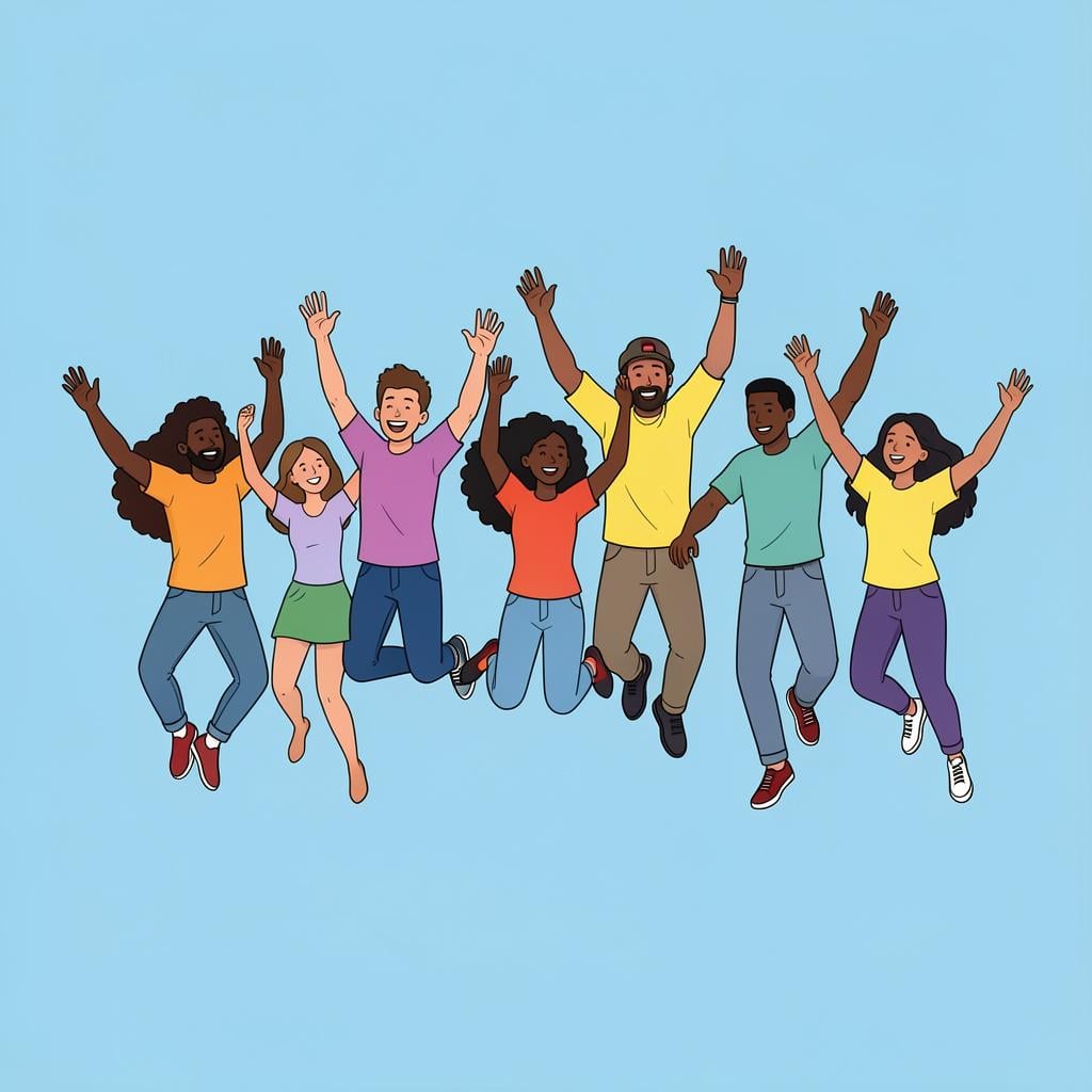 A group of colorful people dancing and jumping together in a bright space.