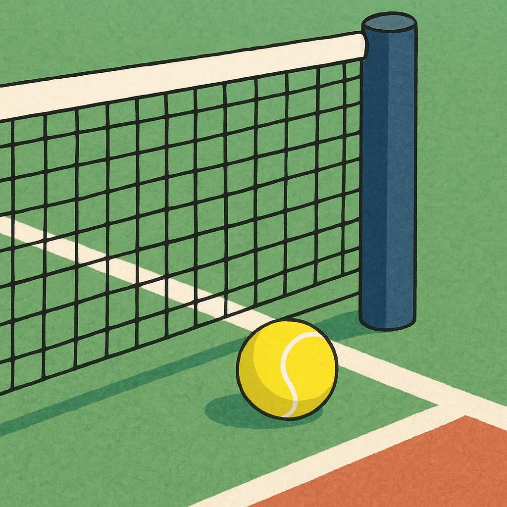 A bright yellow tennis ball rests on a green tennis court near the net pole, symbolizing the end of a game set.