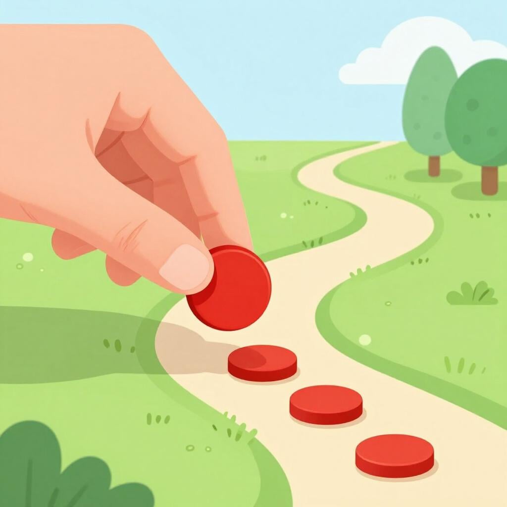 A hand moving a small red marker forward on a simple, colorful track.