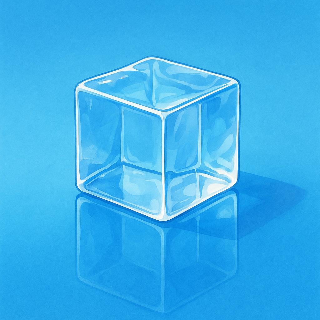 A large, translucent cube of solid ice sitting on a cold blue surface, illustrating frozen water.