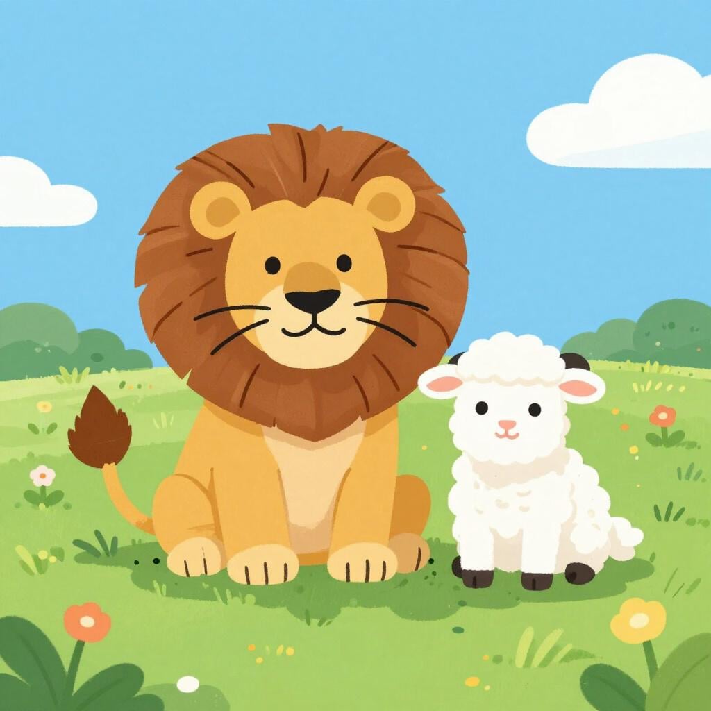 A diverse group of animals, including a lion and a lamb, sitting together peacefully in a lush green meadow under a bright sun.