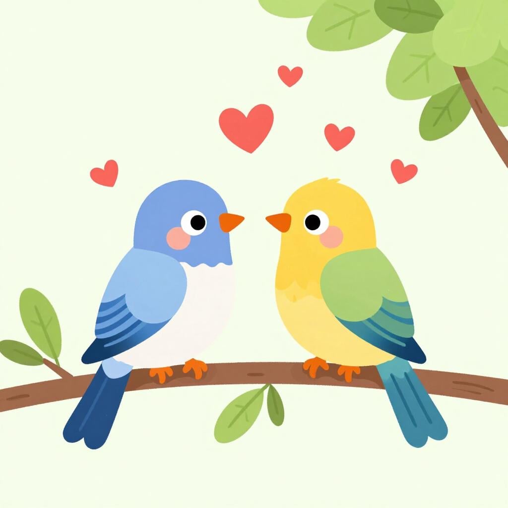 Two cute birds sitting close together on a tree branch with small red hearts floating above them.