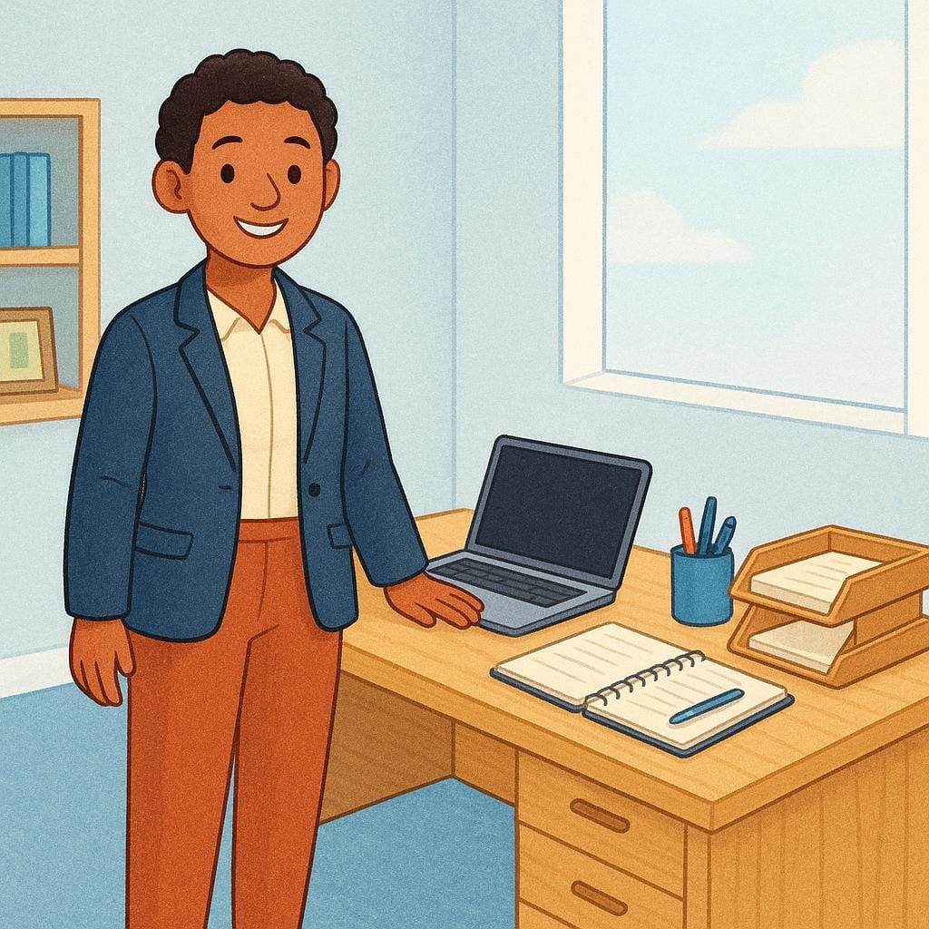 A cheerful person in professional attire stands next to a pristine, organized wooden desk inside a bright office, symbolizing the beginning or starting of a new job.