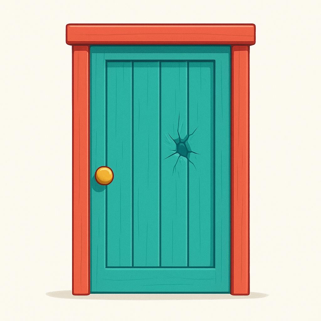 A simple, brightly colored wooden door standing upright, featuring one small, distinct dent and a few minor cracks, indicating a completed action of being struck.