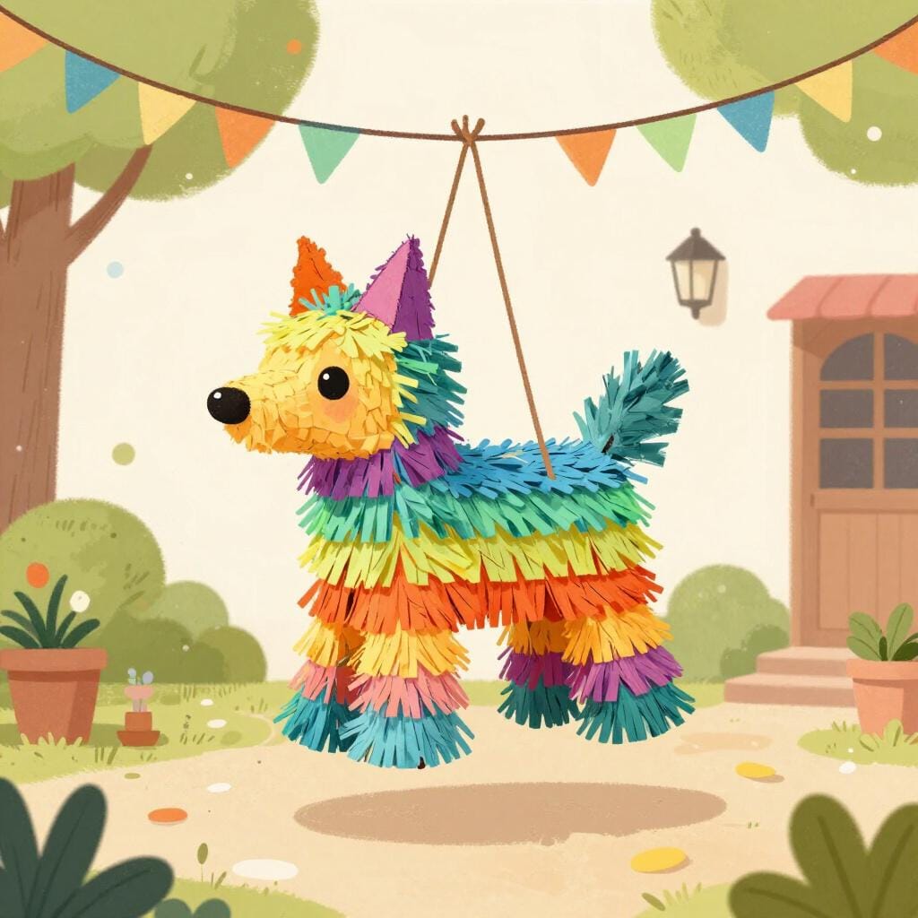 A group of people standing in a festive courtyard around a colorful star-shaped piñata.