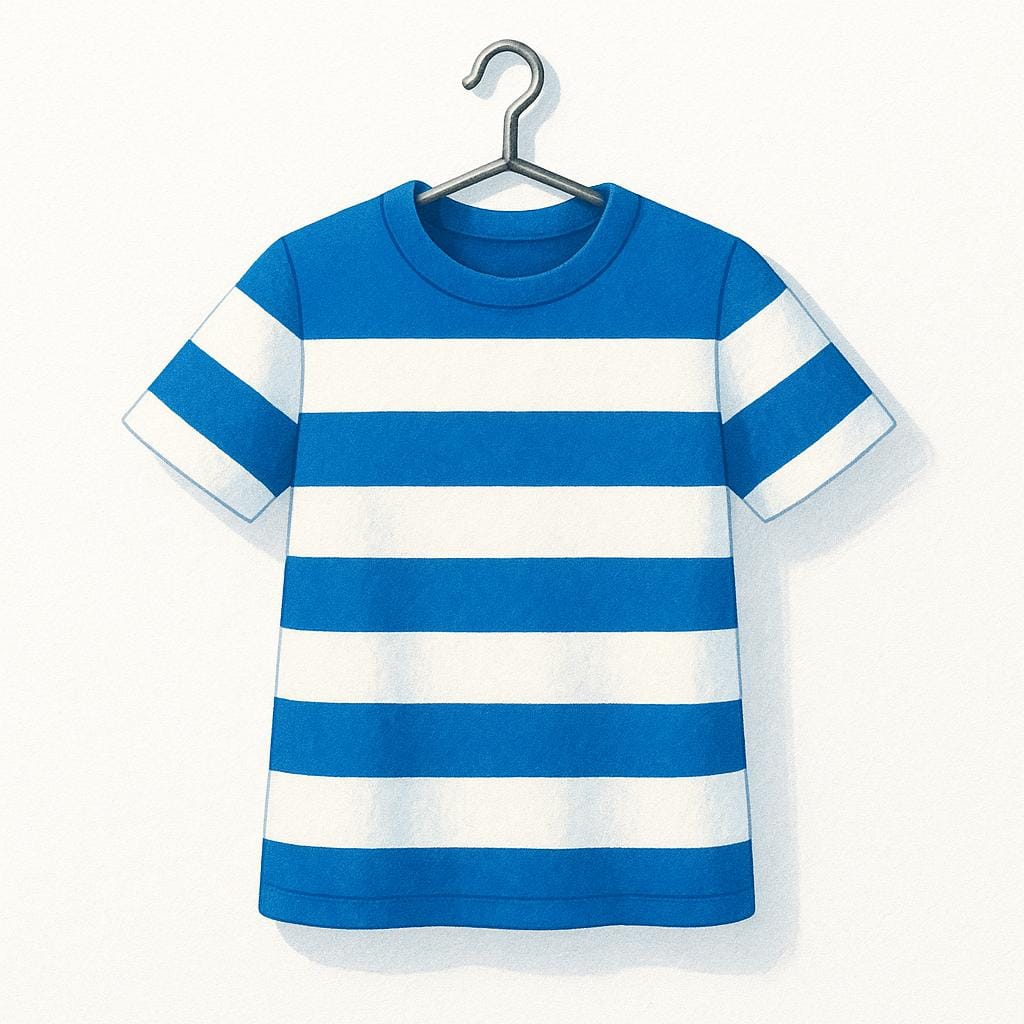 A short-sleeved blue and white striped athletic jersey, designed for a sports uniform, hanging from a hook.