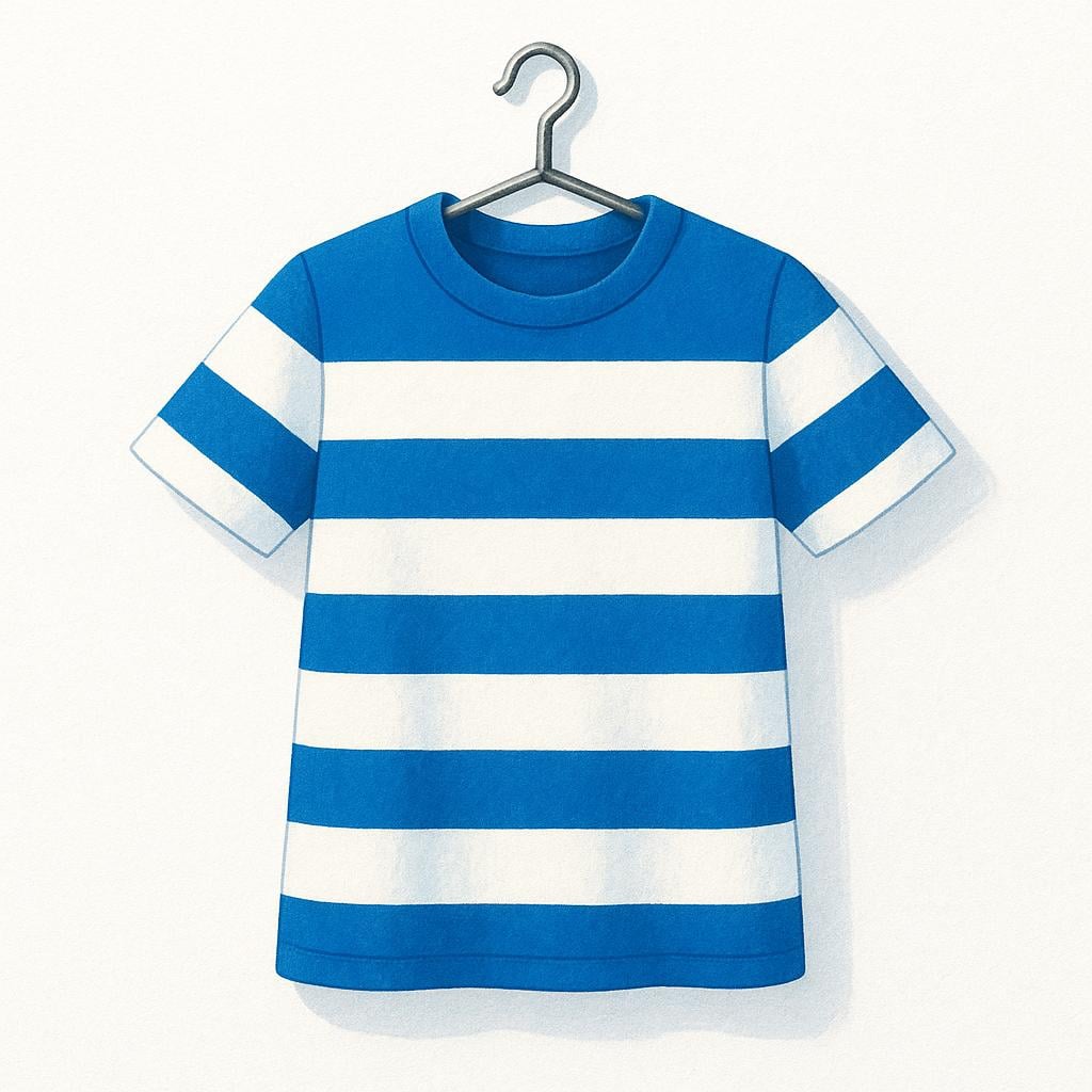 A short-sleeved blue and white striped athletic jersey, designed for a sports uniform, hanging from a hook.