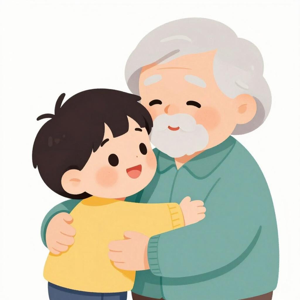 A child hugging an elderly person with a heartfelt expression.