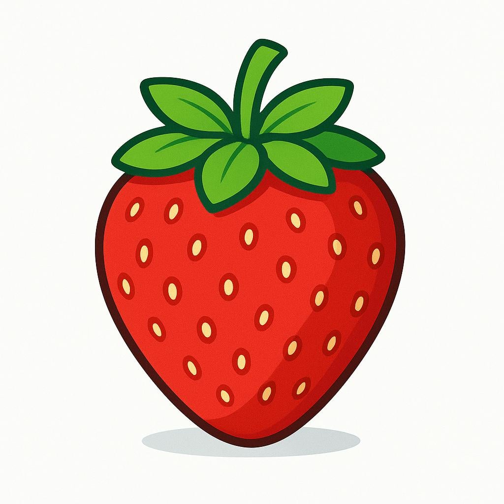 A vibrant, perfectly ripe red strawberry with green leaves, set against a simple background.