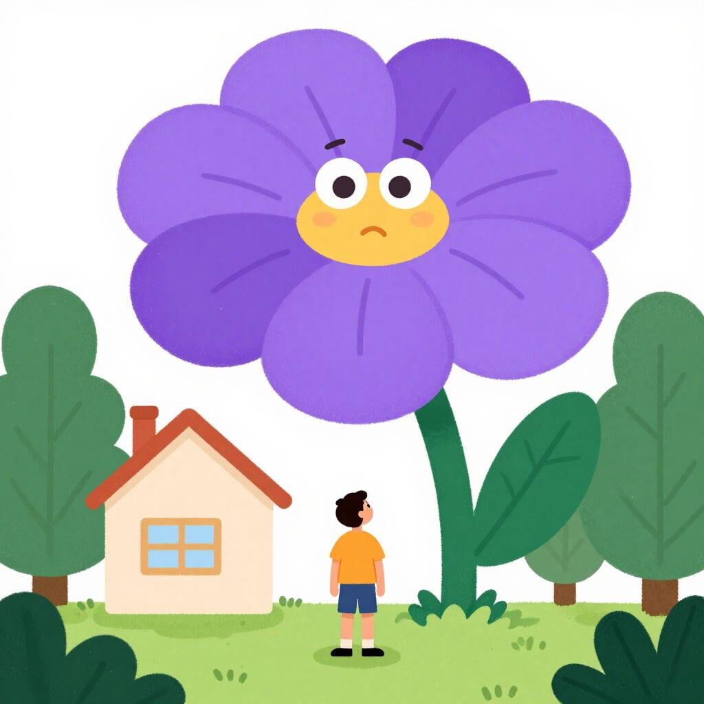 Une personne aux yeux écarquillés et aux sourcils levés regardant une fleur géante et colorée qui a poussé plus haut qu'une maison.