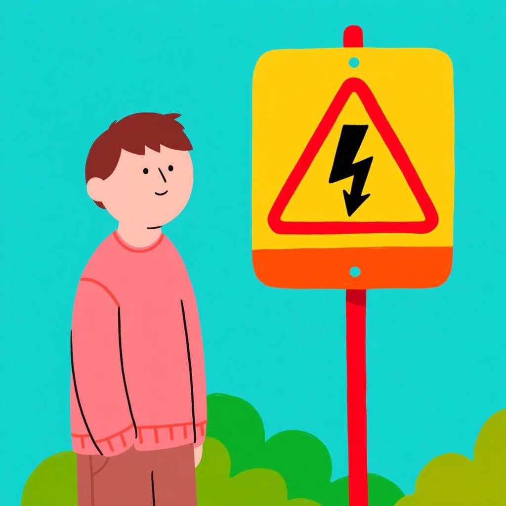 A person standing calmly next to a bright sign depicting a hazard, showing they are aware of the risk.