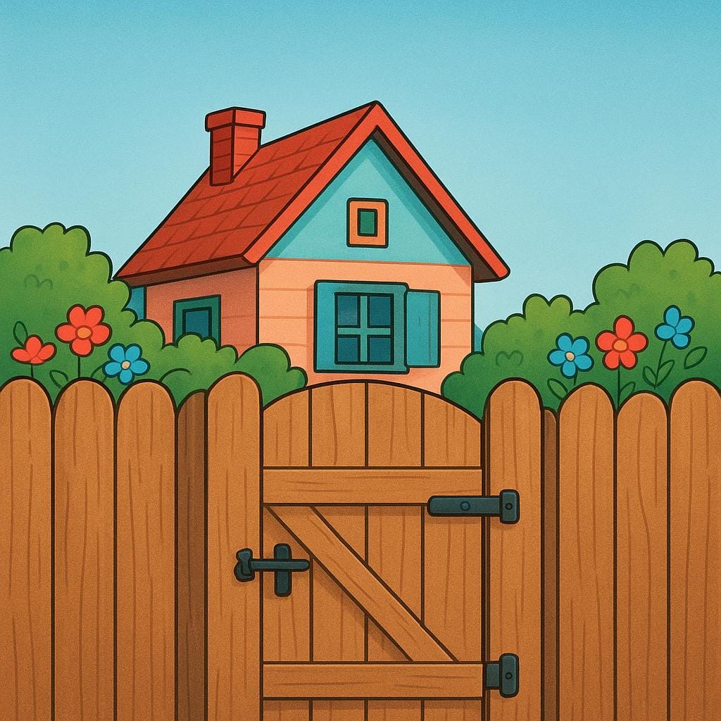 A small, cozy house partially hidden behind a high, closed wooden fence, emphasizing privacy.