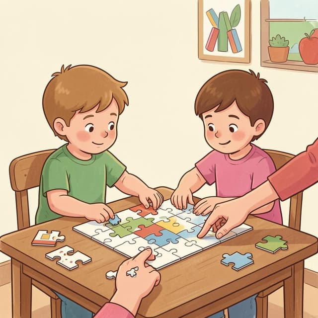 Uma pessoa colocando a mão sobre um quebra-cabeça que outras duas pessoas estão tentando montar juntas.