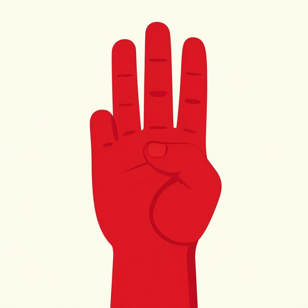 A large, stylized red hand is raised vertically in the center of the frame, making the universal gesture for 'stop'.