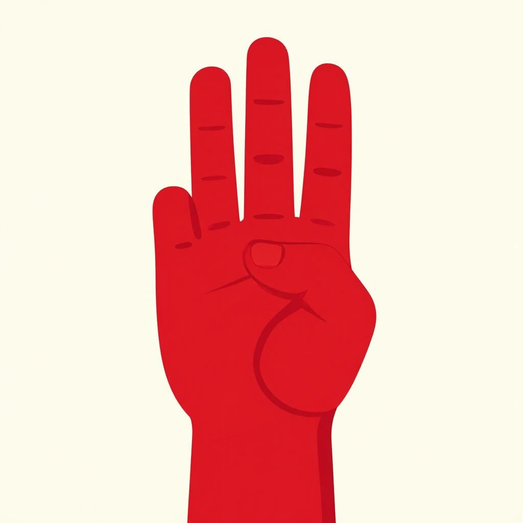 A large, stylized red hand is raised vertically in the center of the frame, making the universal gesture for 'stop'.