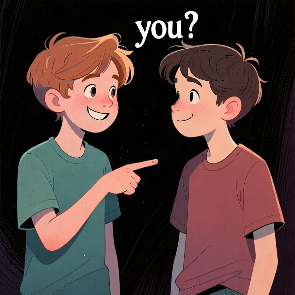 A person pointing to their friend, representing the informal 'you' (tú).