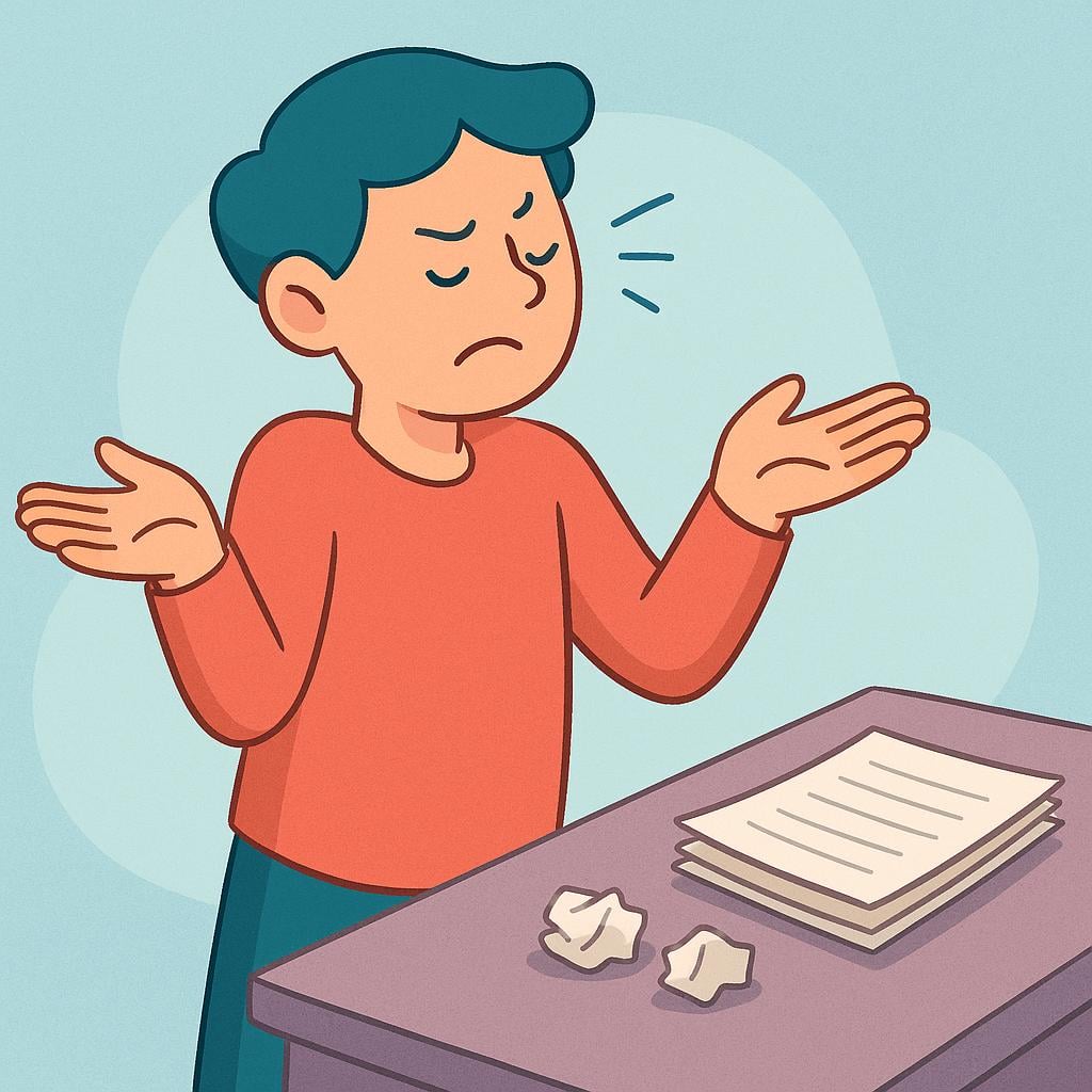 A cartoon character with arms spread wide, shrugging dramatically while turning away from a small stack of papers, illustrating frustration and disregard.