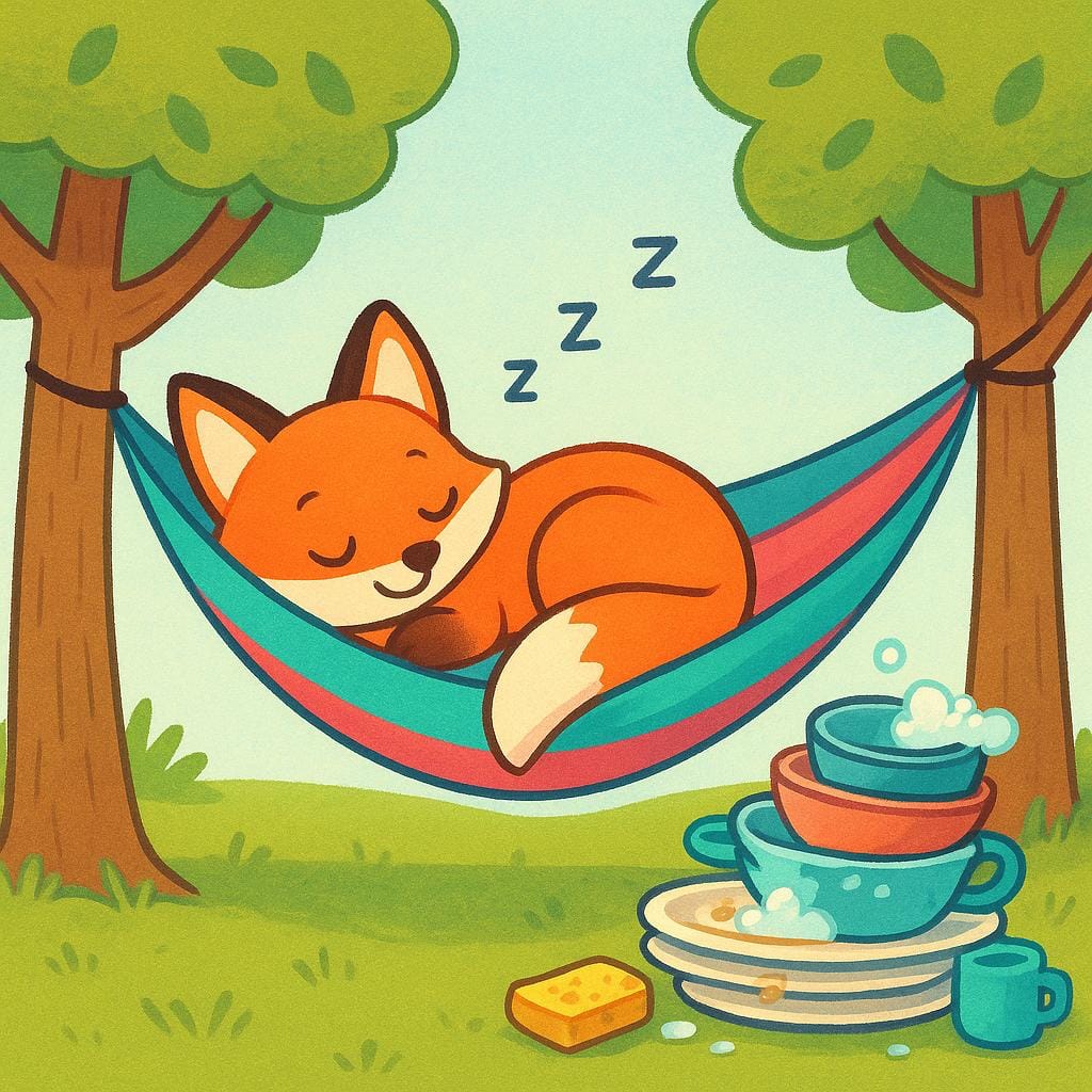 A cartoon fox sleeping soundly in a colorful hammock strung between two trees. Beside the hammock is a large pile of dirty dishes and a sponge, completely ignored by the sleeping fox.