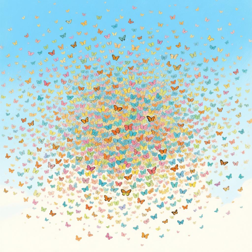 A vast, dense swarm of thousands of colorful butterflies filling the blue sky.