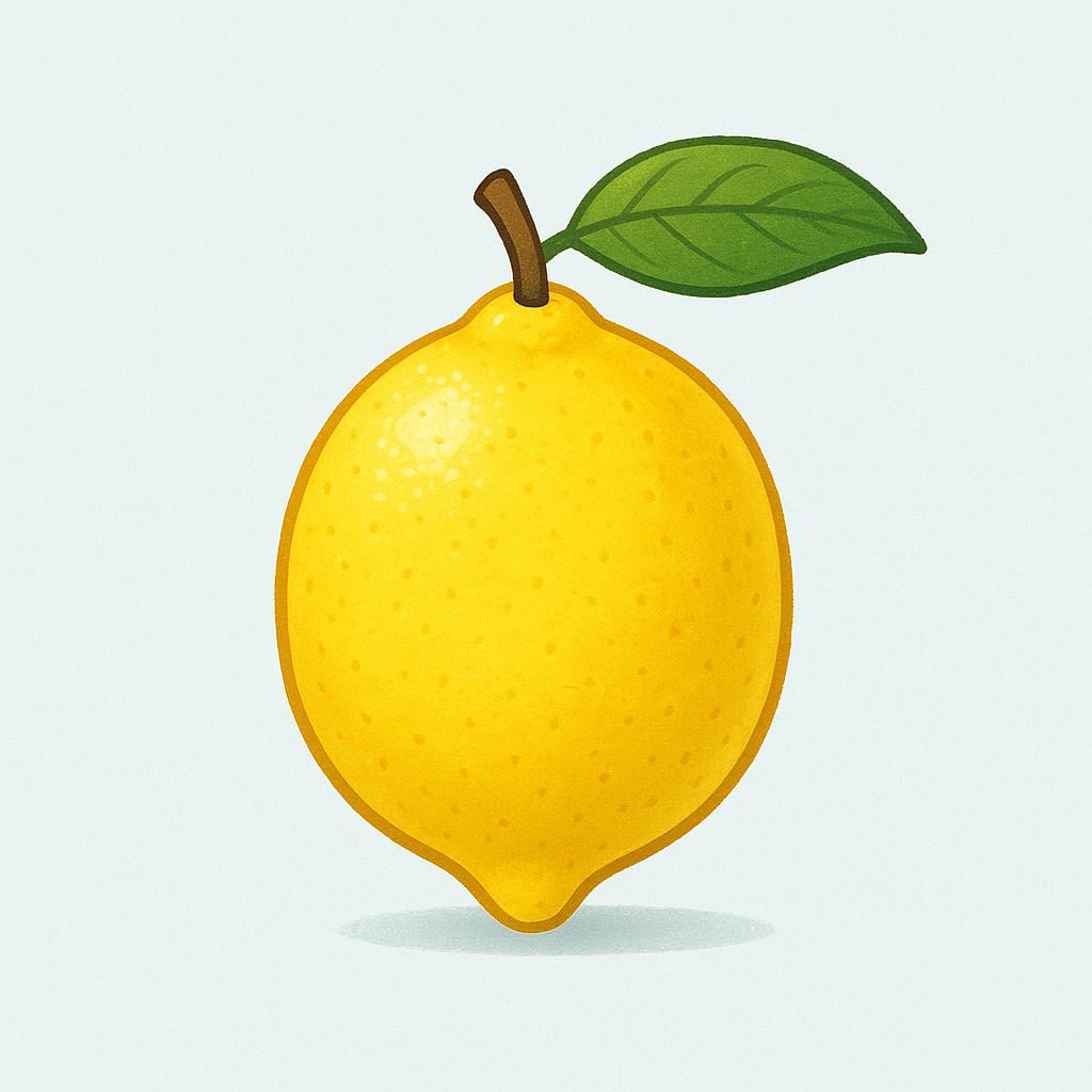 A single, bright yellow, oval lemon fruit, slightly glossy, resting on a plain white surface.
