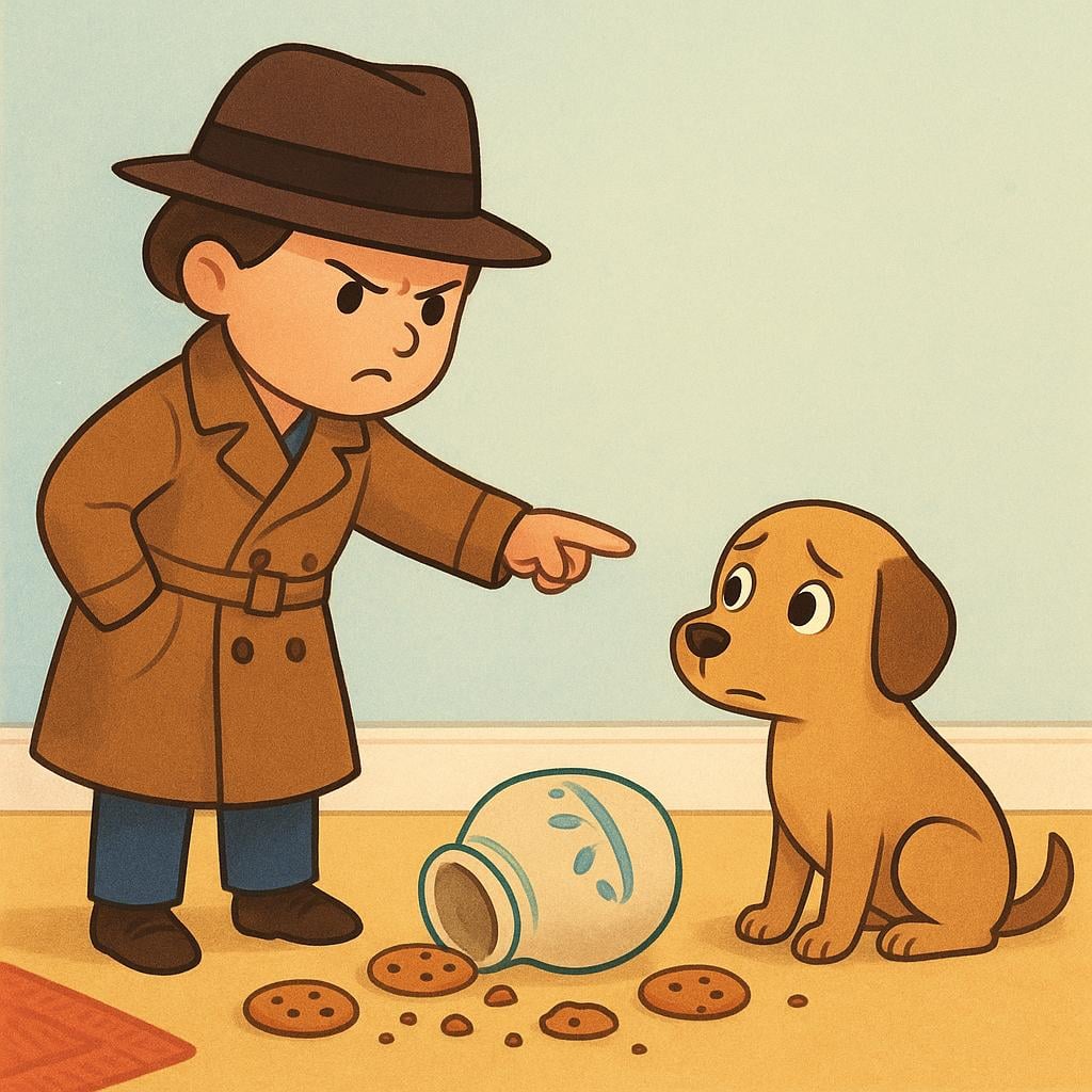 A young person dressed like a detective is pointing an accusing finger directly at a small, nervous dog standing next to a broken cookie jar.