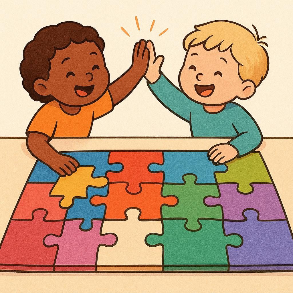 Two figures smiling as they place the final, completed piece into a large, colorful jigsaw puzzle, signaling the end of the task.