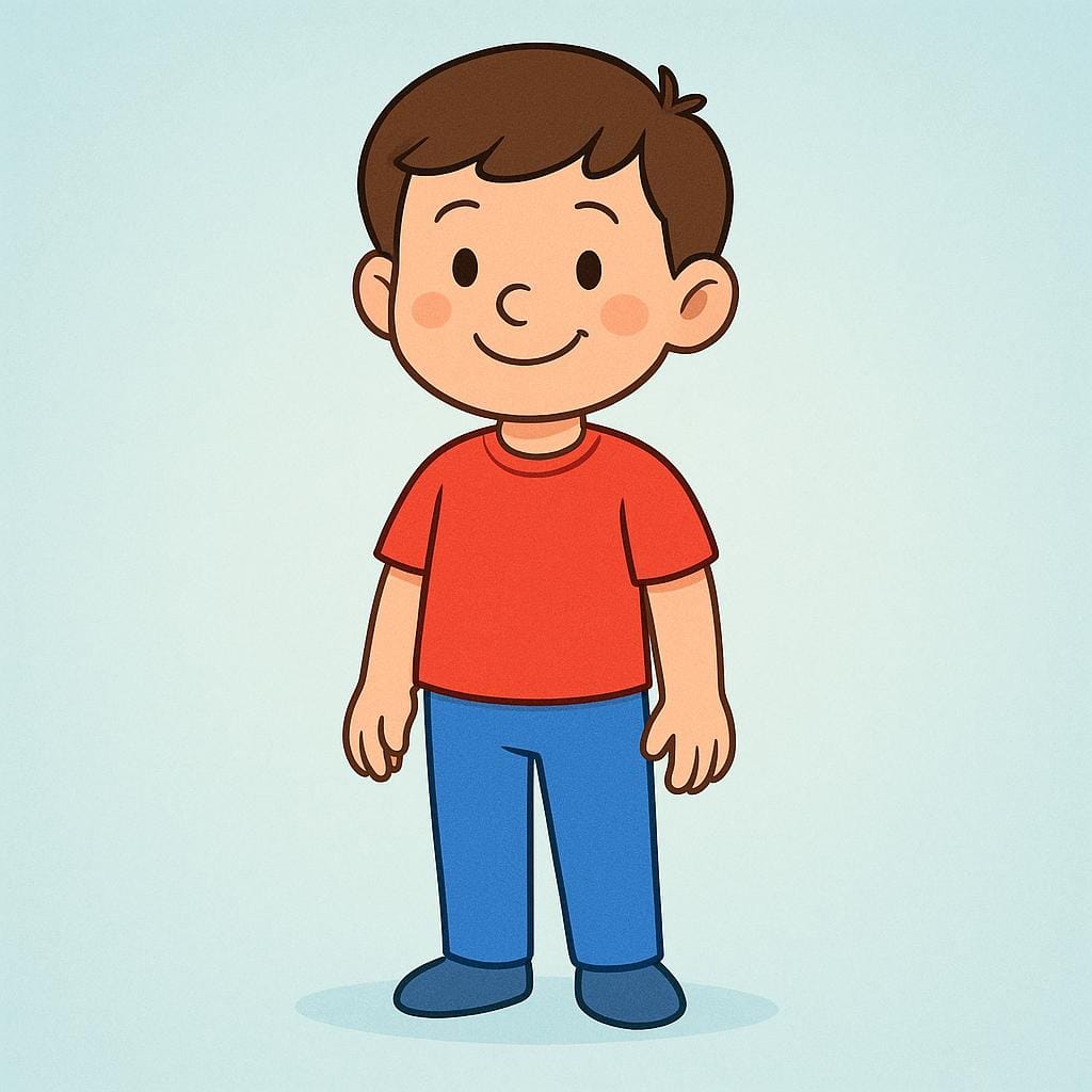 Uma pessoa alegre vestindo uma camiseta vermelha de tamanho perfeito e jeans azuis, fazendo um sinal de positivo para indicar que as roupas caem bem.