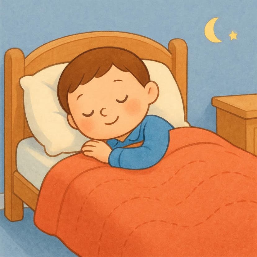 A simplified drawing of a person sleeping soundly in a cozy bed under a blanket.