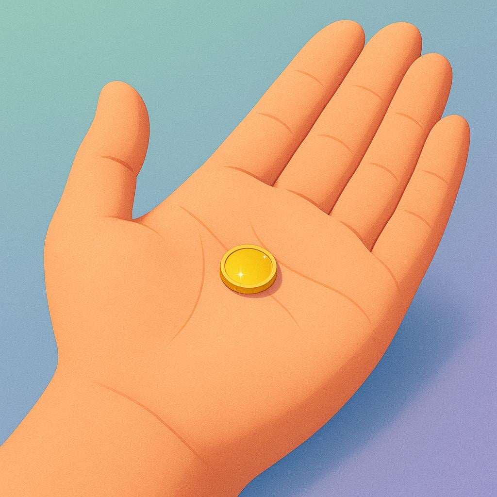 A massive, open, empty hand holding one single, tiny, shiny gold coin in the center of the palm, emphasizing insufficiency.