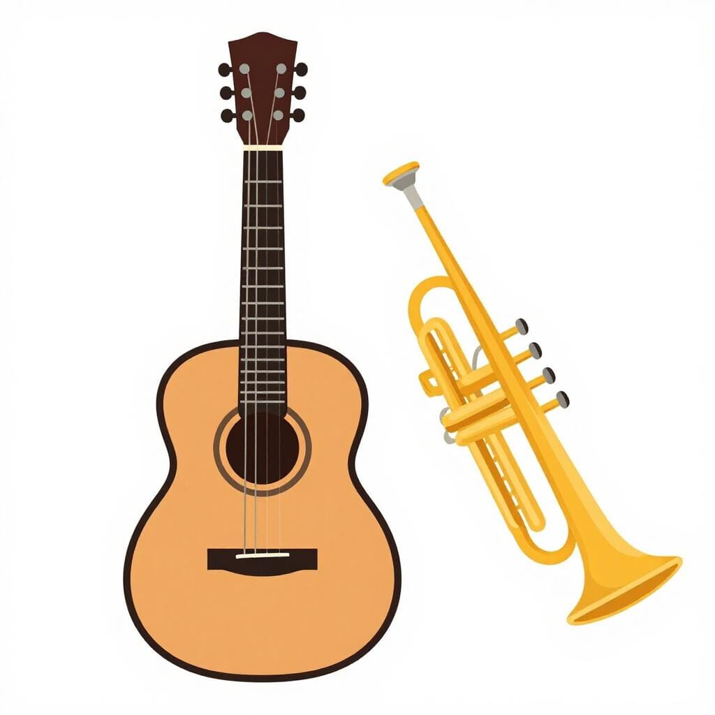 A wooden acoustic guitar and a shiny golden trumpet resting side by side on a simple background.