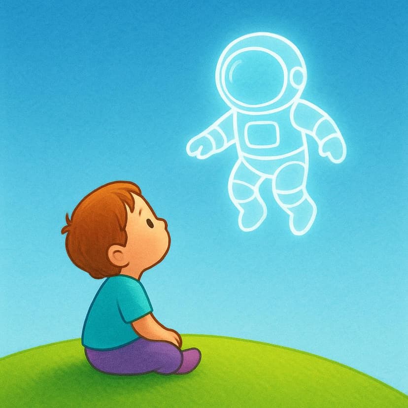 A small child sits on a bright green hill, looking up toward the sky. Above the child, a faint, glowing, transparent outline of an adult astronaut floats, symbolizing the child's future profession.