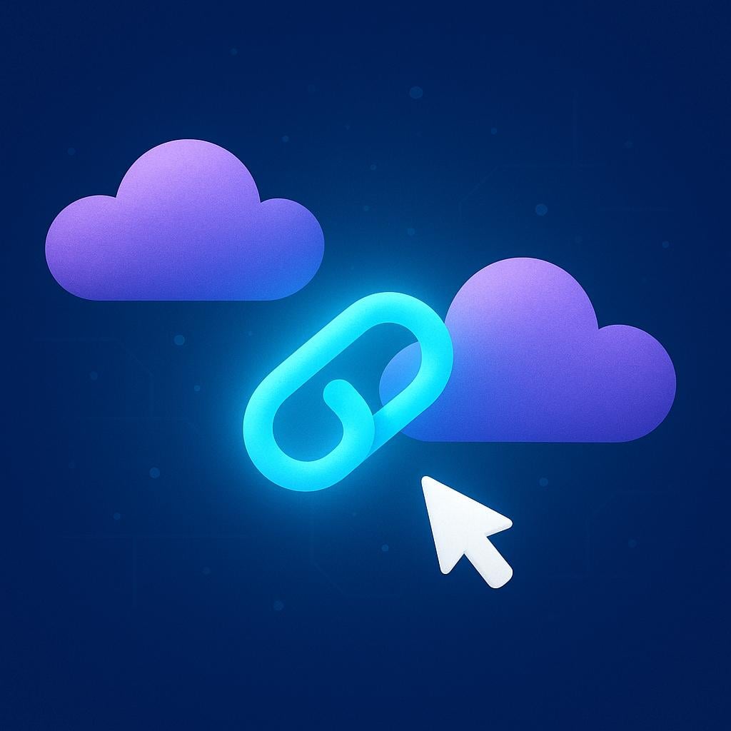 A stylized depiction of two abstract shapes connected by a glowing line, suggesting a digital link or connection. A cursor hovers nearby.