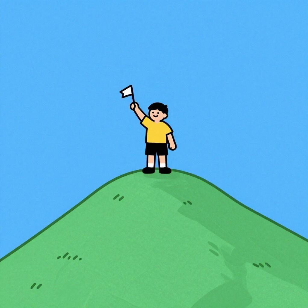 A hiker standing on a mountain peak under a bright sun, symbolizing a successful journey.