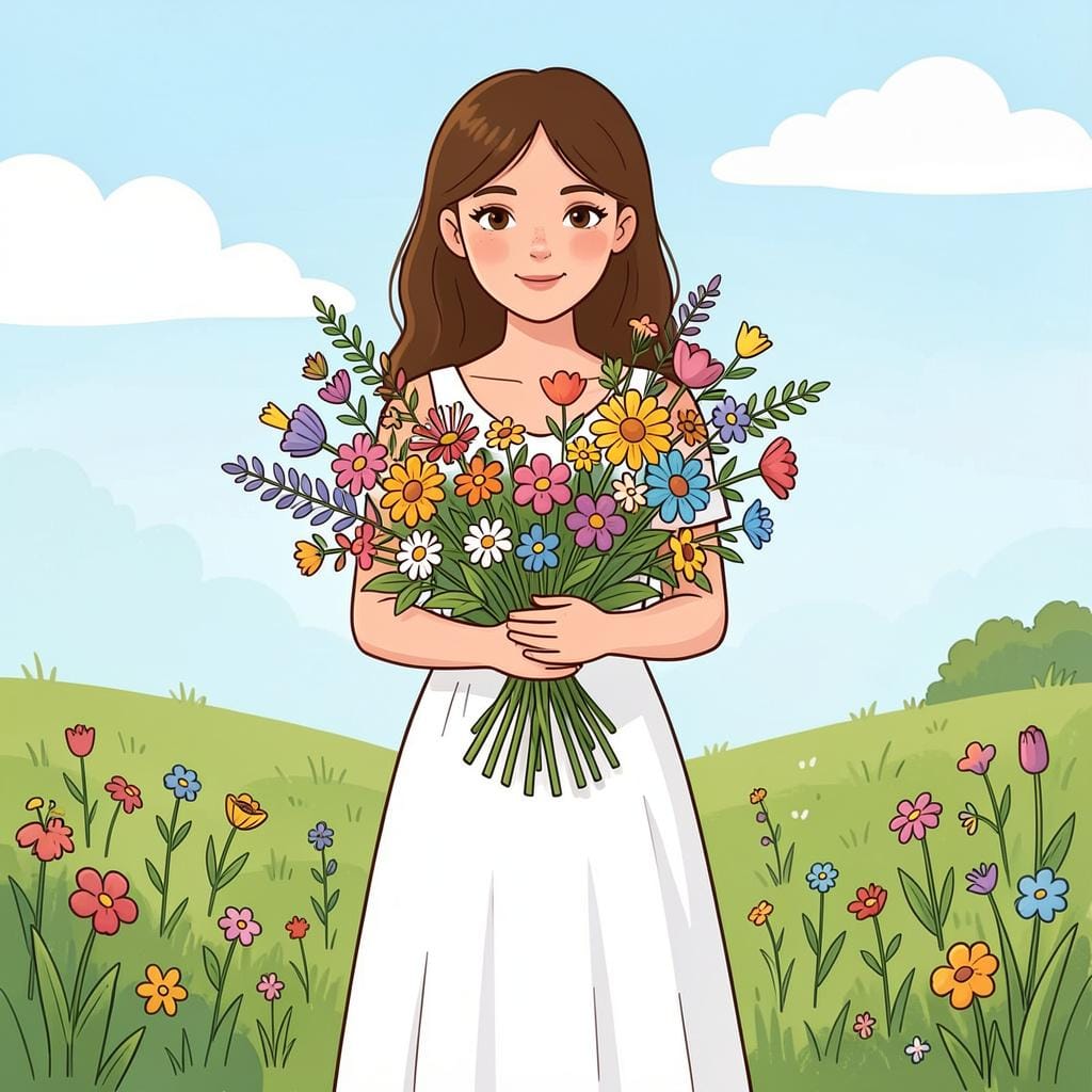 A woman wearing a white dress and holding a bouquet of flowers.