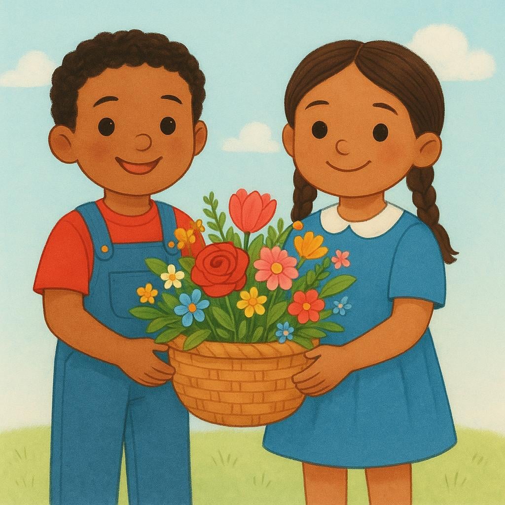 Two smiling children jointly holding a single woven basket filled with colorful flowers, symbolizing shared possession of a feminine singular object.