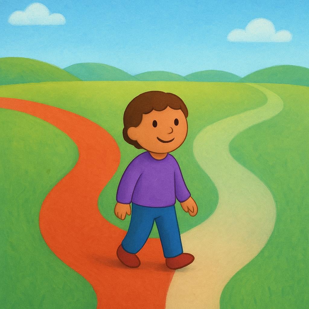 A friendly cartoon figure stands at a fork in a road. One path is solid and clearly defined, while the other path is translucent and shimmering, representing a hypothetical or conditional choice.