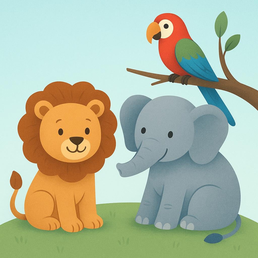 A colorful illustration showing a group of diverse animals, including a friendly lion, a large gray elephant, and a colorful parrot perched on a branch, standing together in a grassy landscape.